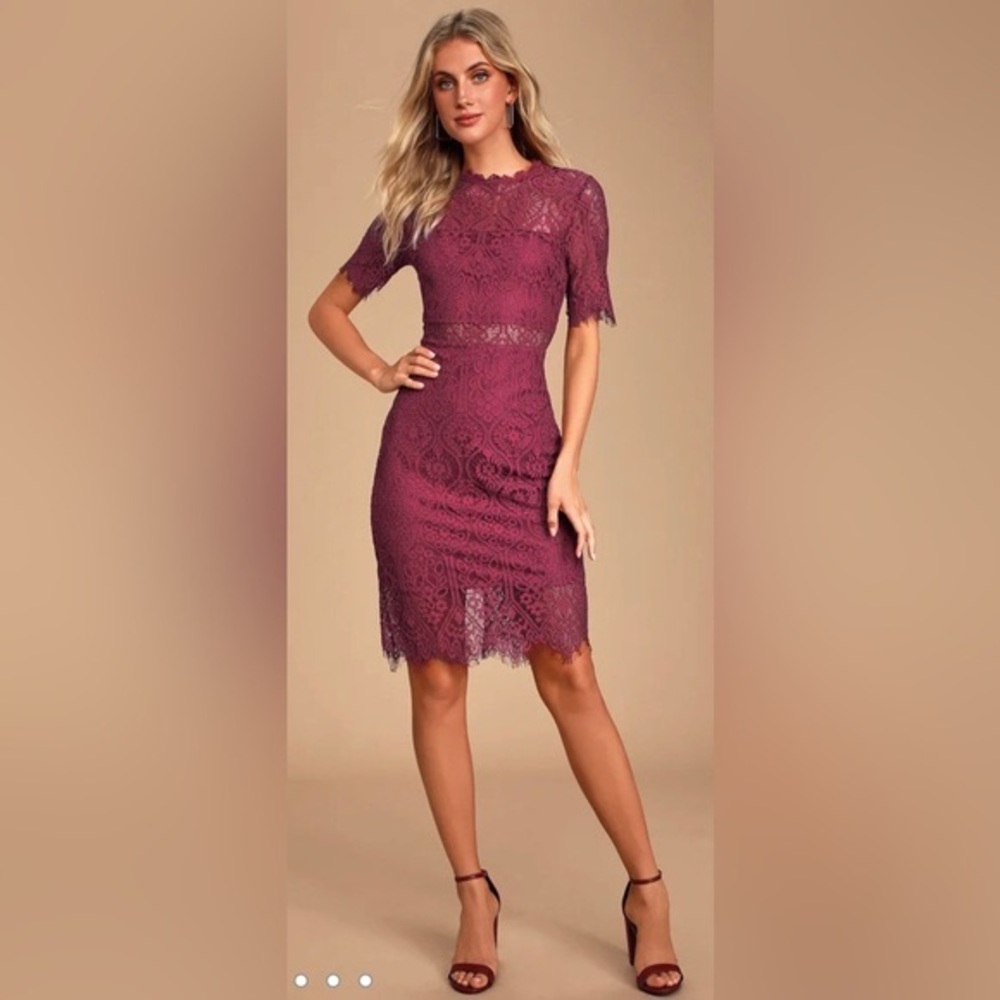 NWT Lulu’s Remarkable Burgundy Eyelash Lace Sheath Dress ZB3